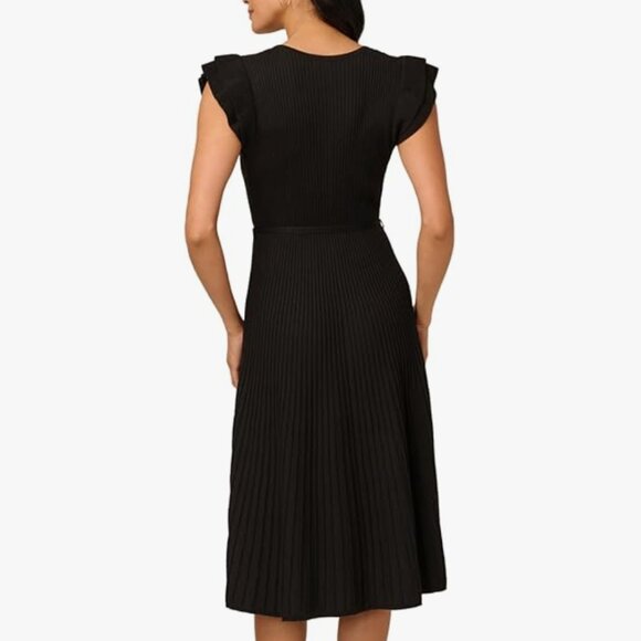 Adrianna Papell Ribbed Knit Flutter Sleeve Black Midi Dress Belted NWT - Picture 2 of 9